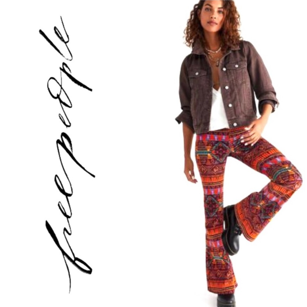 🆕 Free People Pull On Corduroy Printed Flare Pants, Sedona, NWOT, Size 24, 00 - Picture 11 of 11